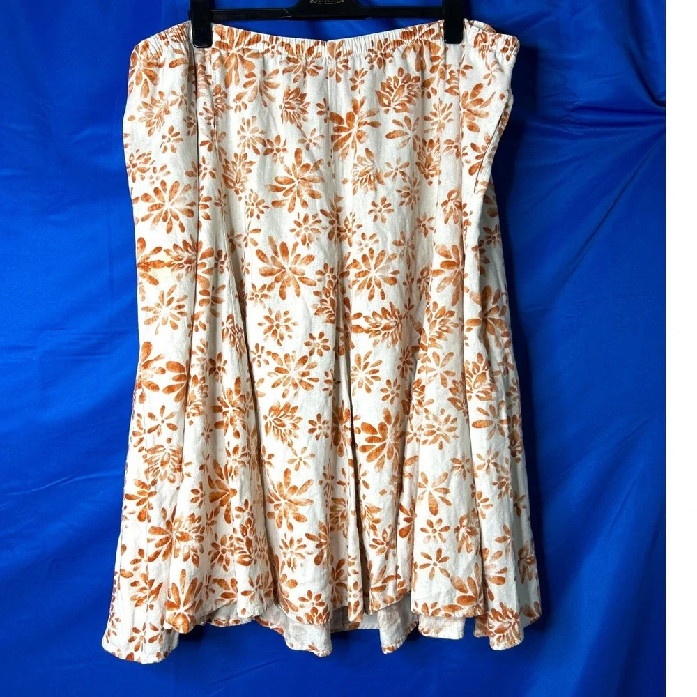 Womens Floral Linen Midi Skirt Sz 2X Plus Size Flowy Resort Pull-On Cottagecore